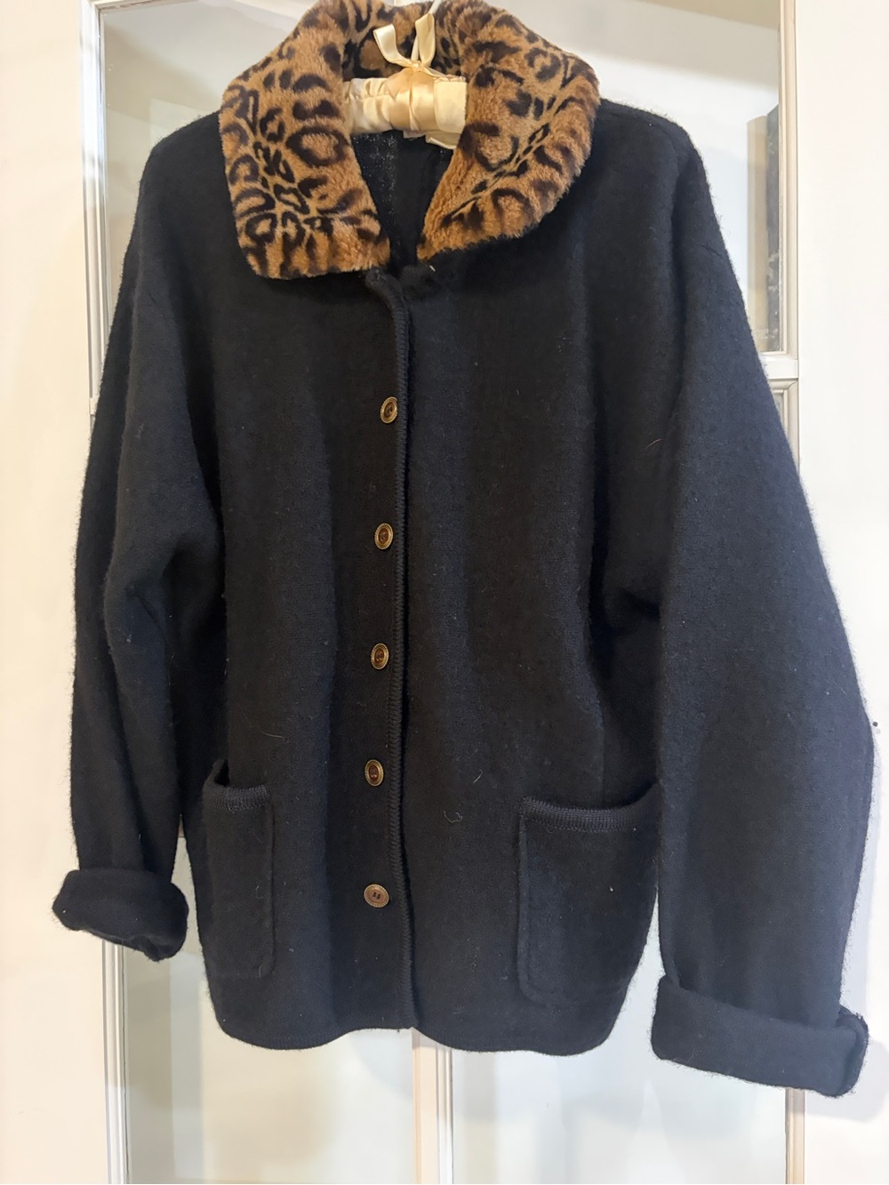 Tally Ho Vintage Sweater Jacket 100% Wool Size XL Faux Fur Trim